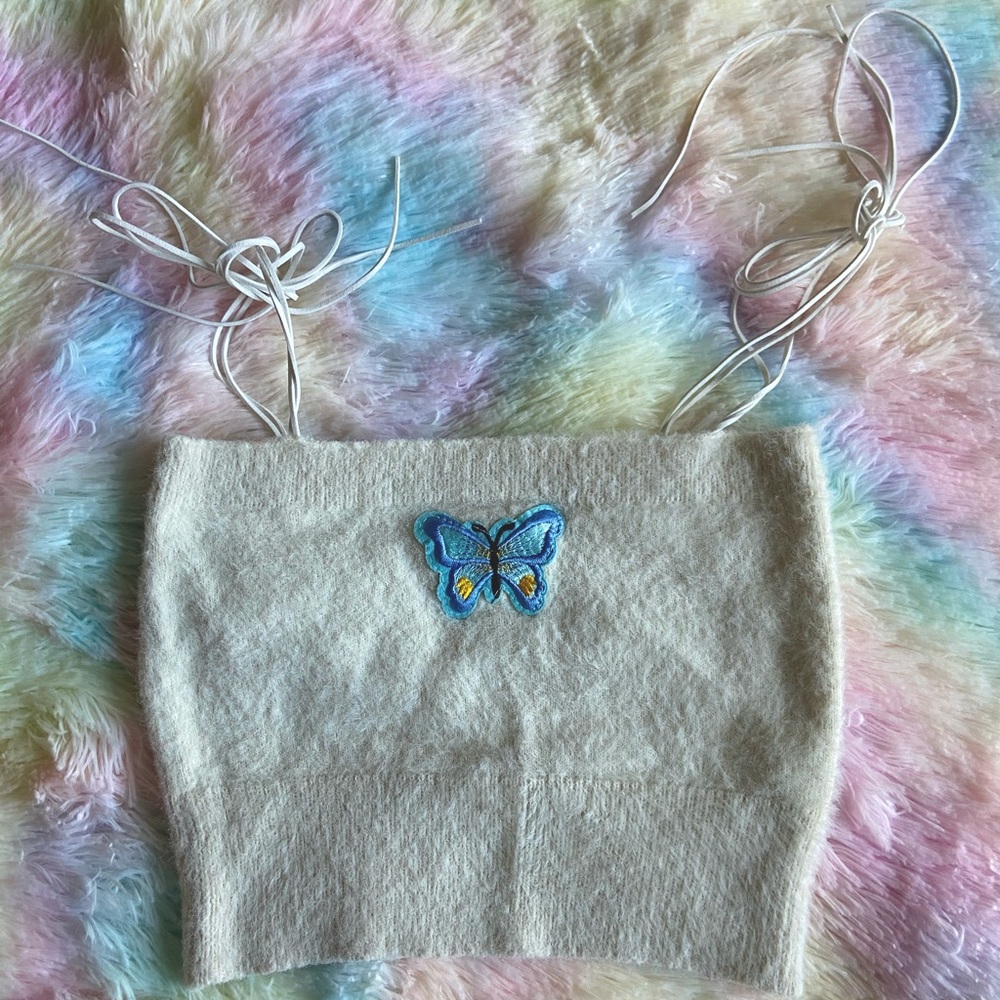 Fuzzy Embroidered Butterfly Crop Top